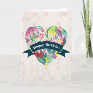 Tarjeta Cumpleaños con Corazón Floral Lindo en Rosa y Verd