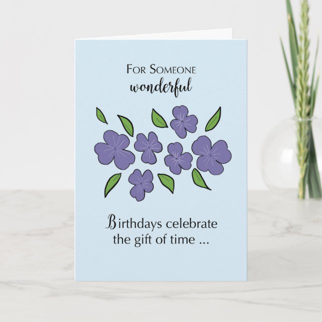 Tarjeta Cumpleaños con flores y hojas violetas (Anverso)