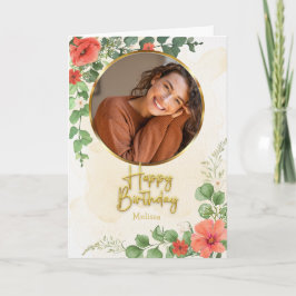 Tarjeta Cumpleaños con foto circular de escritura floral v