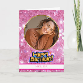Tarjeta Cumpleaños con Foto y Nombre de Purpurina Rosa y D