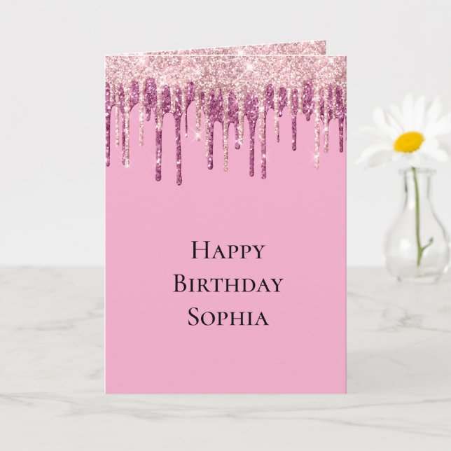 Tarjeta Cumpleaños con Hielo Rosado de Helado con Drips de (Planta pequeña)