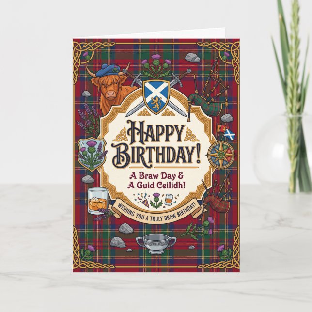 Tarjeta Cumpleaños con humor de Tartán escocés (Anverso)