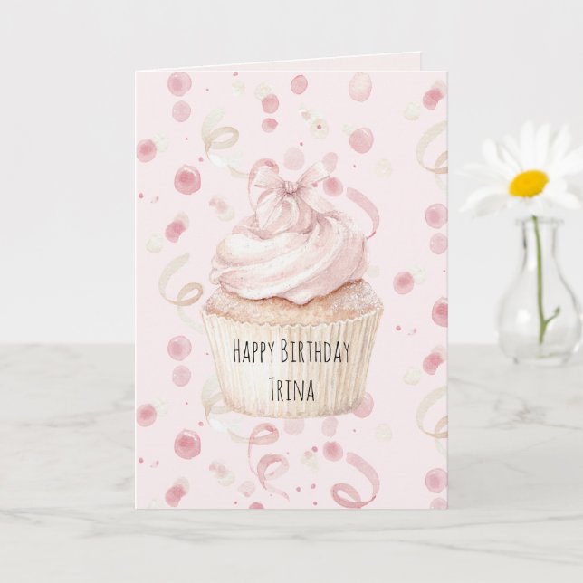 Tarjeta Cumpleaños con lazo de magdalena de confeti rosa r (Planta pequeña)