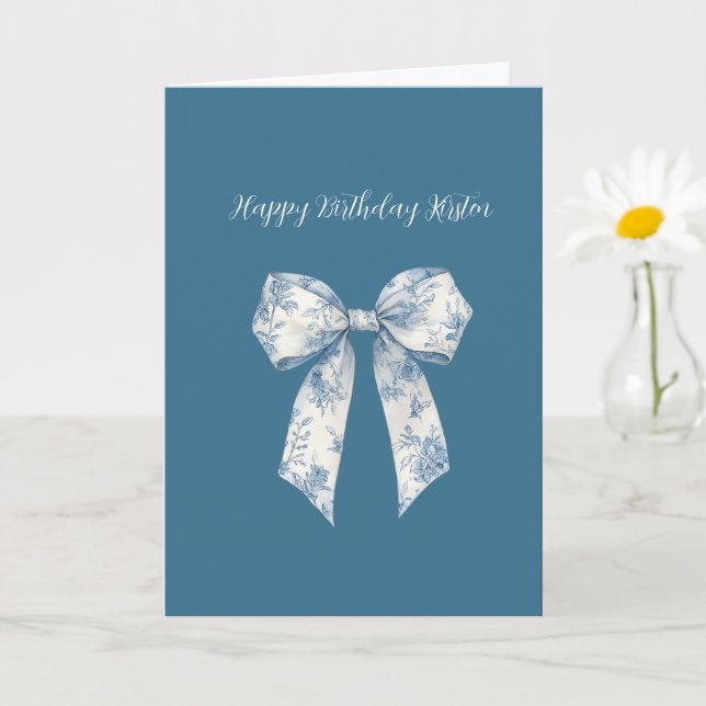 Tarjeta Cumpleaños con lazo floral blanco azul (Planta pequeña)