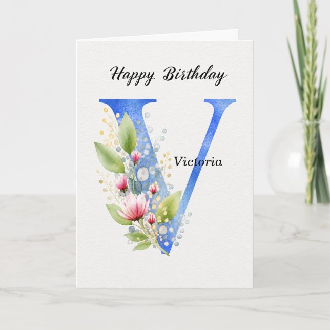 Tarjeta Cumpleaños con letra V personalizada nombre ella a (Anverso)