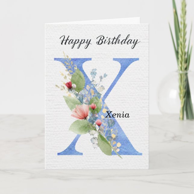 Tarjeta Cumpleaños con letra X personalizada nombre ella a (Anverso)