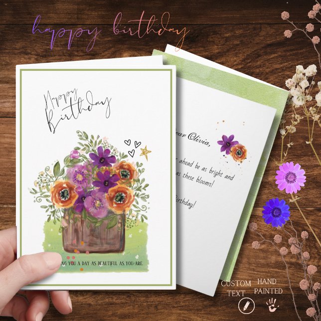 Tarjeta Cumpleaños con macetero de madera floral en acuare (Vibrant Watercolor Floral Wooden Planter Birthday Card)