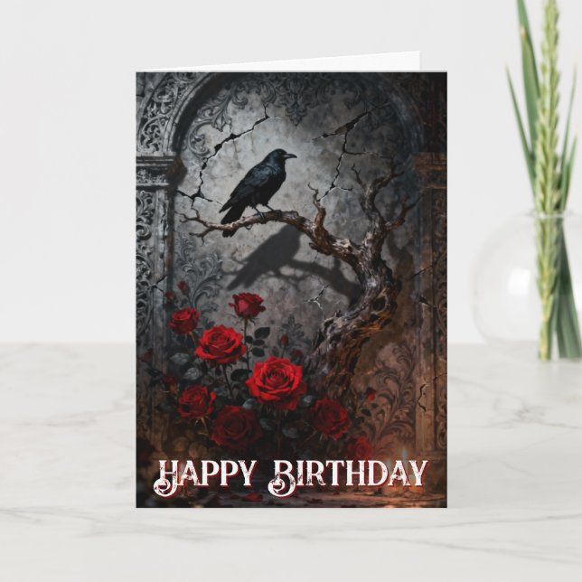 Tarjeta Cumpleaños con mural de cuervo y rosas góticas osc (Anverso)