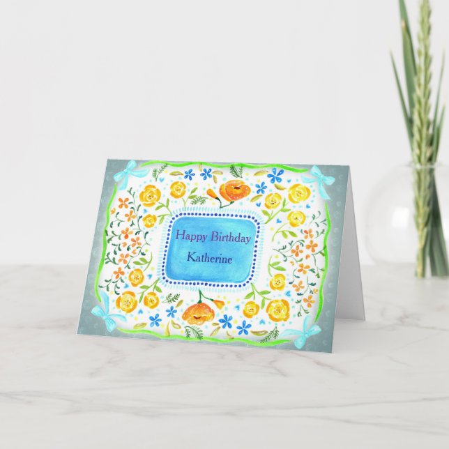 Tarjeta Cumpleaños con nombre personalizado de flores amar (Anverso)