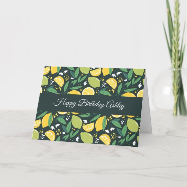 Tarjeta Cumpleaños con patrón de frutas de limón amarillo  (Anverso)