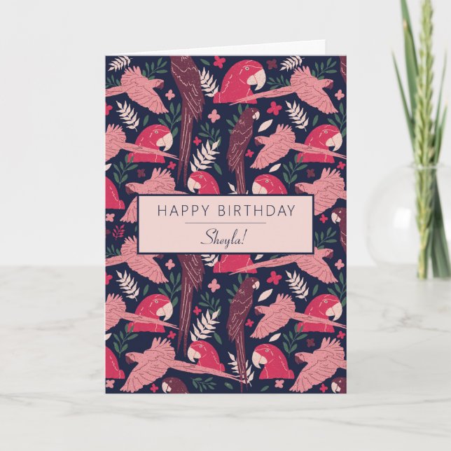 Tarjeta Cumpleaños con patrón de hojas tropicales de loro  (Anverso)