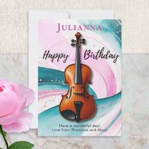Tarjeta Cumpleaños con remolinos de acuarela de violín con