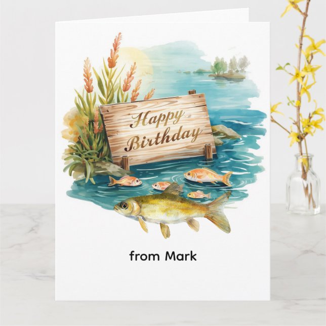 Tarjeta Cumpleaños con tema de pesca  (flor amarilla)