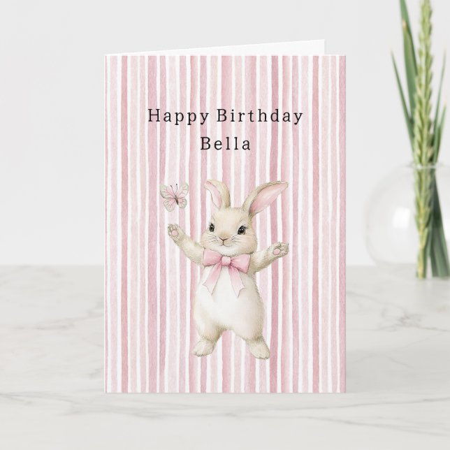 Tarjeta Cumpleaños conejito mariposa rubor rayas rosadas (Anverso)