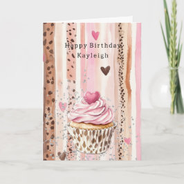 Tarjeta Cumpleaños Confeti Cupcake Leopardo Corazón Rosa