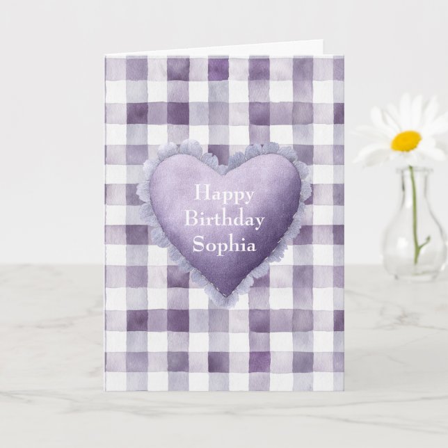 Tarjeta Cumpleaños Corazón Rayas Cuadros Blancos Morado Fe (Planta pequeña)