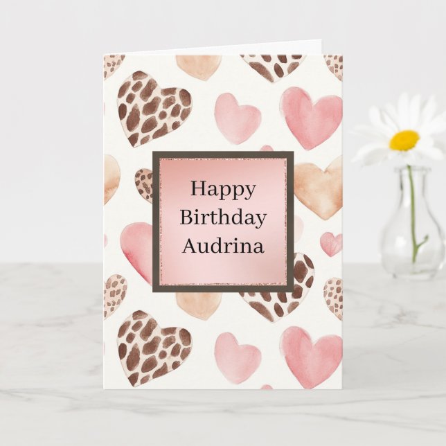 Tarjeta Cumpleaños Corazones de Leopardo de Crema Rosada (Planta pequeña)
