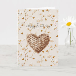 Tarjeta Cumpleaños Corazones de Tejido Marrón Rústico