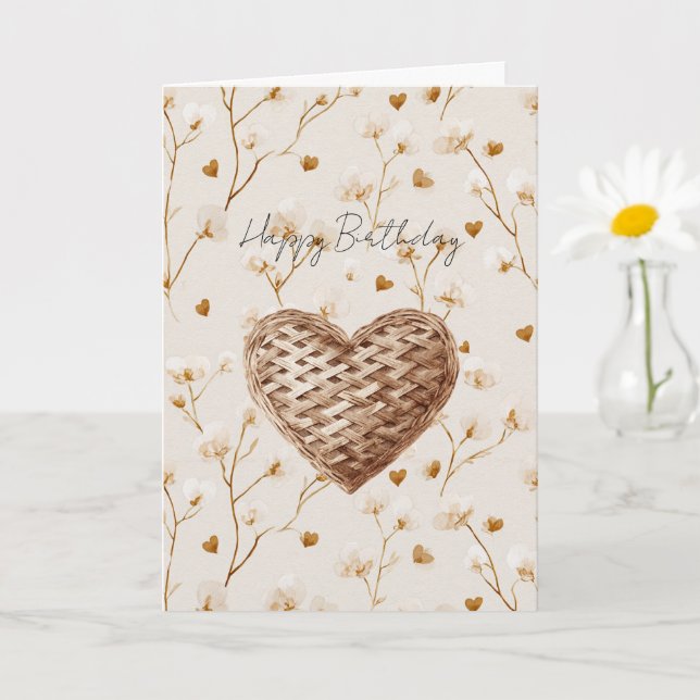 Tarjeta Cumpleaños Corazones de Tejido Marrón Rústico (Planta pequeña)
