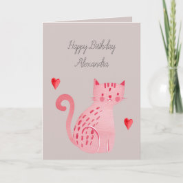Tarjeta Cumpleaños Corazones Gato Rosa Gris