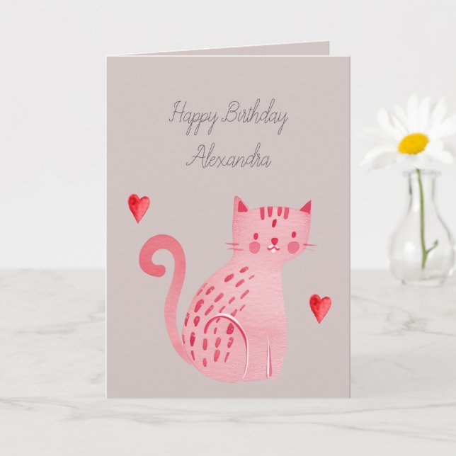 Tarjeta Cumpleaños Corazones Gato Rosa Gris (Planta pequeña)