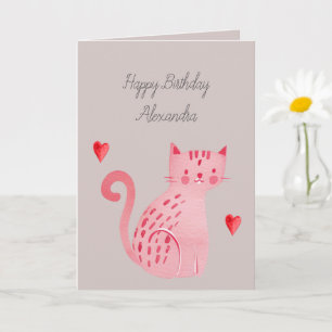 Tarjeta Cumpleaños Corazones Gato Rosa Gris 