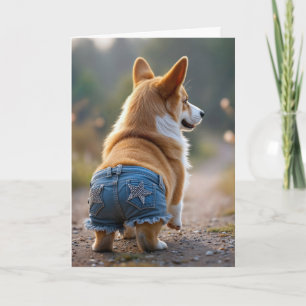 Tarjeta Cumpleaños Corgi Dog con Jean Shorts azules