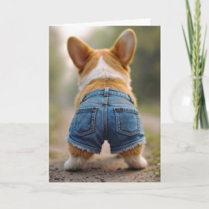 Tarjeta Cumpleaños Corgi Dog con Jean Shorts azules
