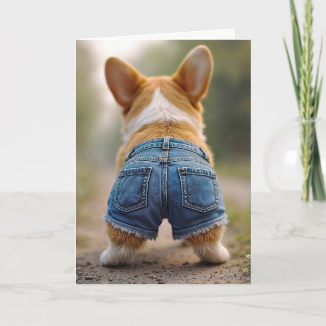 Tarjeta Cumpleaños Corgi Dog con Jean Shorts azules (Anverso)