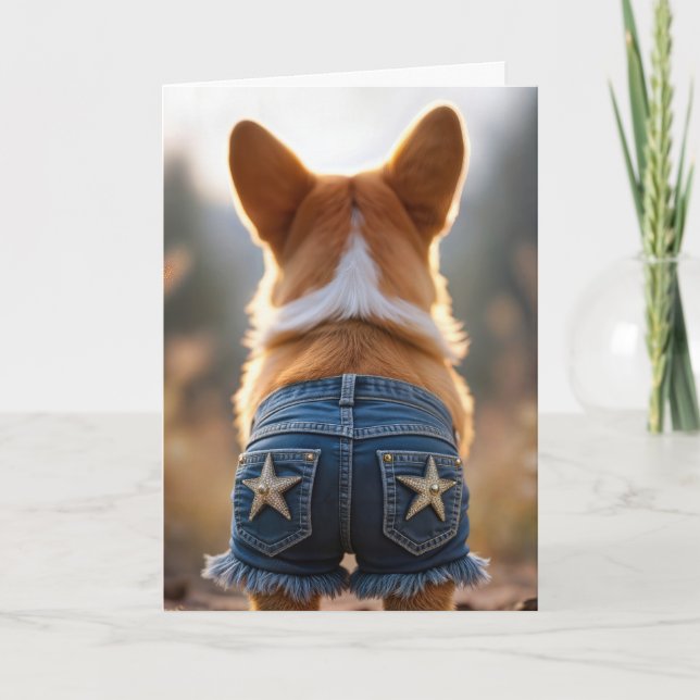Tarjeta Cumpleaños Corgi Dog con Jean Shorts azules (Anverso)