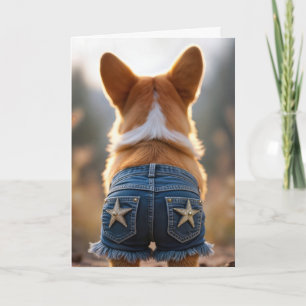Tarjeta Cumpleaños Corgi Dog con Jean Shorts azules