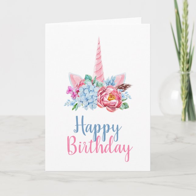 Tarjeta Cumpleaños | Corona floral acuarela unicornio (Anverso)
