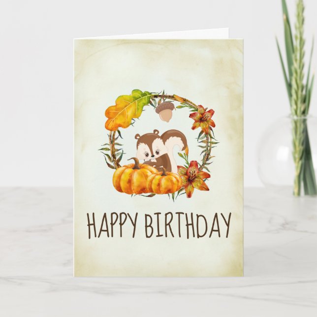 Tarjeta Cumpleaños Corona Rústica de Ardilla y Calabazas (Anverso)