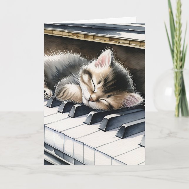 Tarjeta Cumpleaños | Cortar gatito en llaves de piano (Anverso)