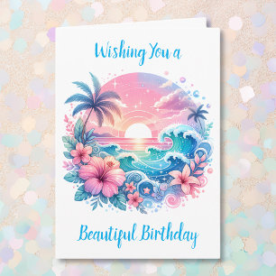 Tarjeta Cumpleaños costero rosa y azul bonito