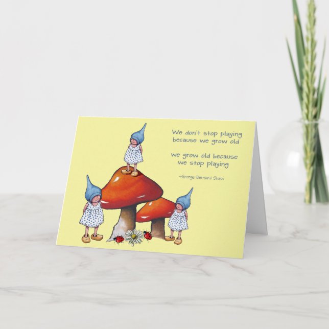 Tarjeta Cumpleaños creciente, arte de fantasía: gnomos abu (Anverso)