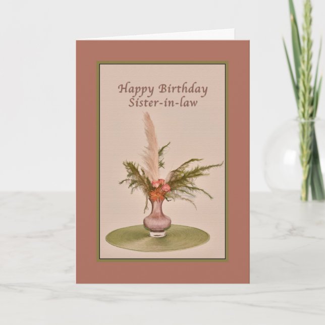 Tarjeta Cumpleaños, cuñada, florero de rosas y helechos (Anverso)