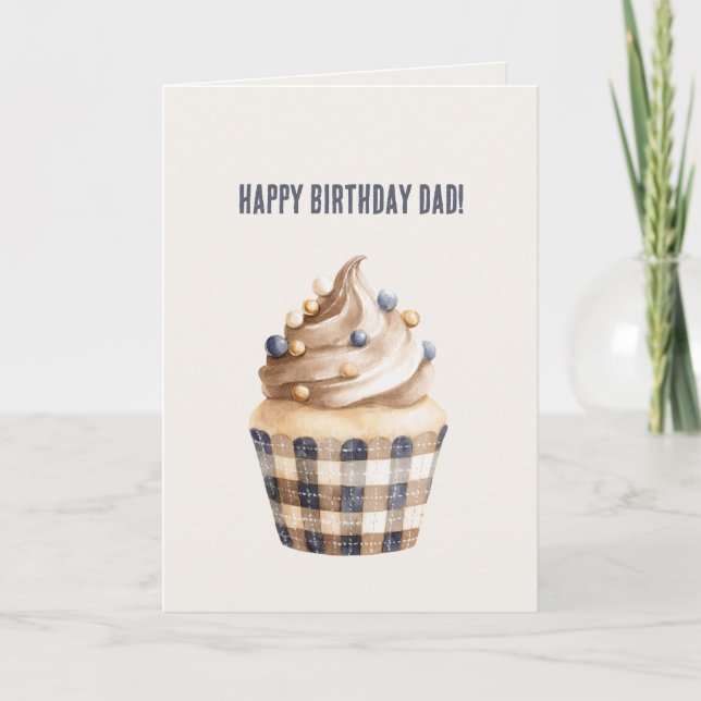 Tarjeta Cumpleaños Cupcake Crema Azul Dorado (Anverso)