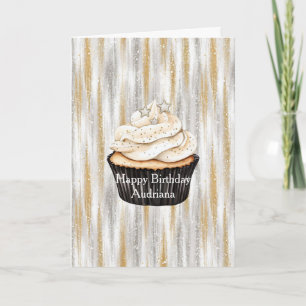 Tarjeta Cumpleaños Cupcake Estrellas Plateado Dorado Glitz