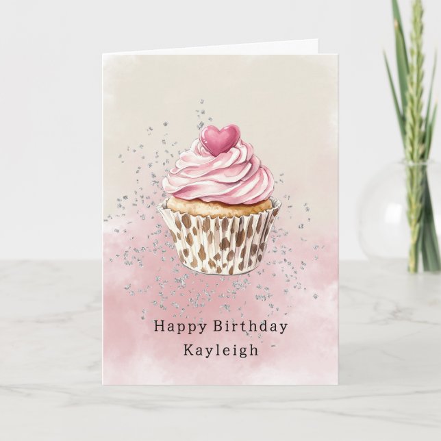 Tarjeta Cumpleaños Cupcake Leopardo Corazón Rosa (Anverso)