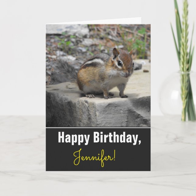 Tarjeta Cumpleaños + Cute Chipmunk como un criador en una  (Anverso)