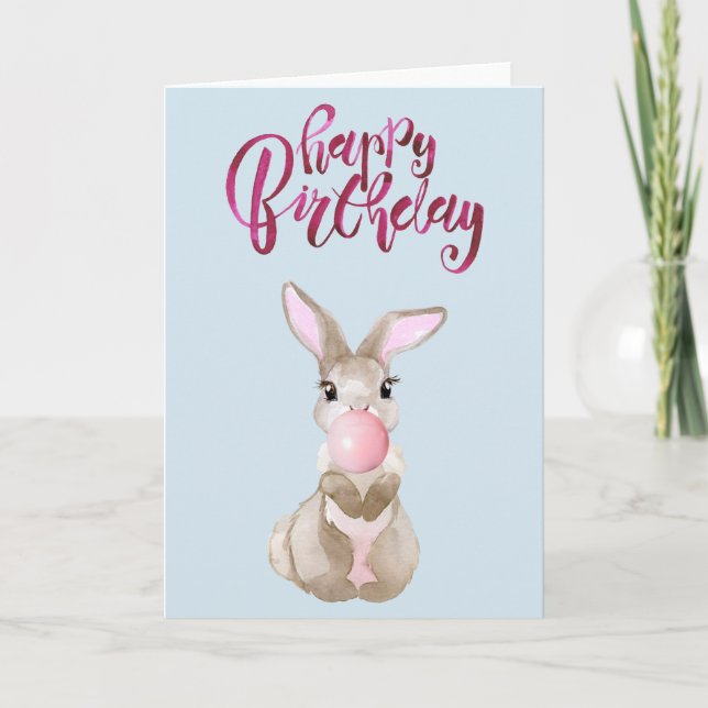 Tarjeta Cumpleaños Cute Fluffy Bunny Bubble Gum (Anverso)