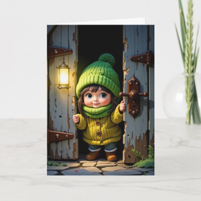 Tarjeta Cumpleaños Cute Munchkin por una puerta vieja (Anverso)