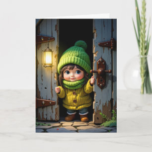 Tarjeta Cumpleaños Cute Munchkin por una puerta vieja