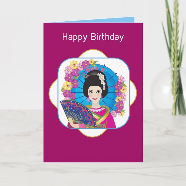 Tarjeta Cumpleaños, dama asiática vestida de cultura, colo (Anverso)