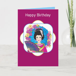 Tarjeta Cumpleaños, dama asiática vestida de cultura, colo