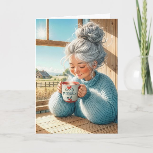 Tarjeta Cumpleaños Dama Bebiendo Café Mañana (Anverso)