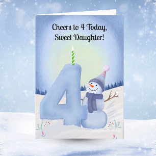 Tarjeta Cumpleaños de 4 años de hija con muñeco de nieve y