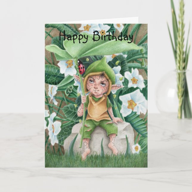 Tarjeta Cumpleaños de Acuarela de Elfo Pixie y Mariquita  (Anverso)