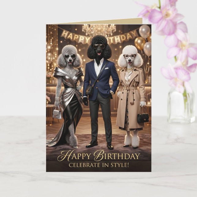 Tarjeta Cumpleaños de adorables caniches franceses antropo (Orquídea)
